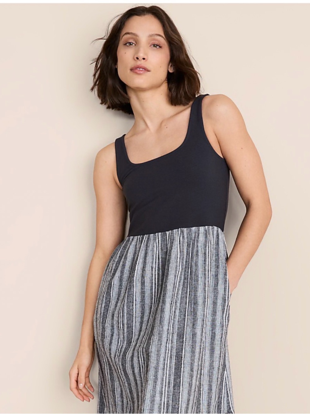 Lou & Grey Black Tank Midi Dress with Gray Striped Skirt